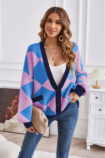 Geometric Lantern Sleeve Cardigan with Pockets.