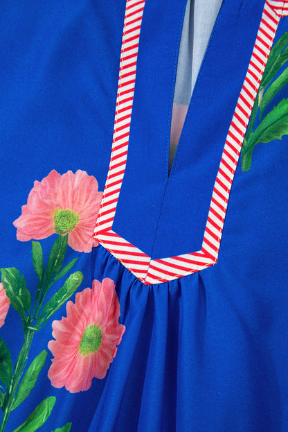 Blue Floral Short Sleeve Split Neck Loose Mini Dress - Love Salve 