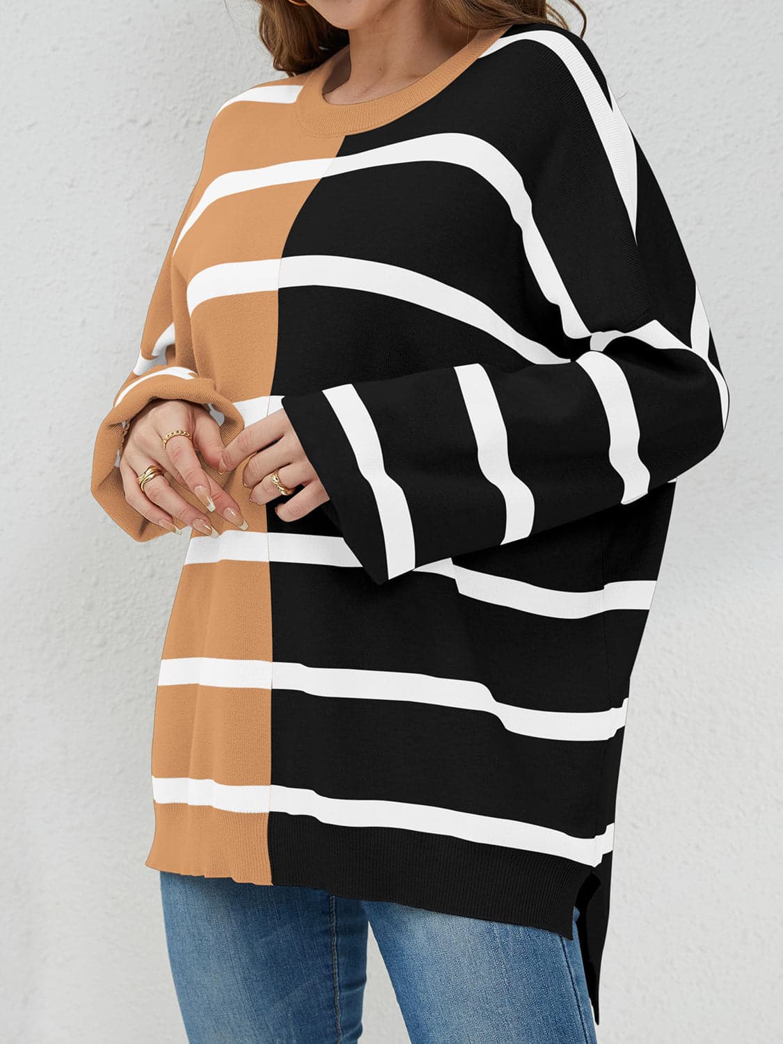 Striped Round Neck Long Sleeve Sweater.