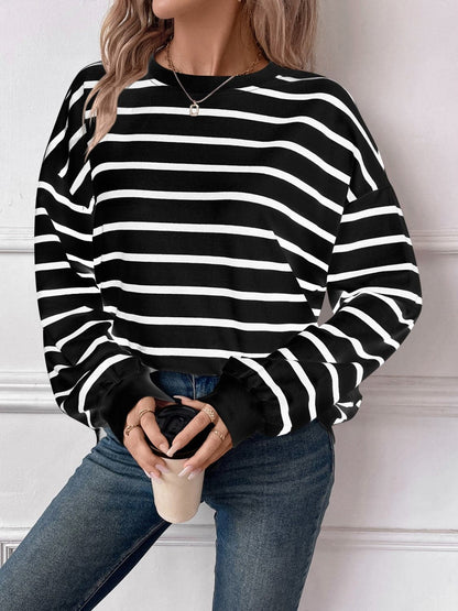 Striped Round Neck Long Sleeve Sweatshirt.