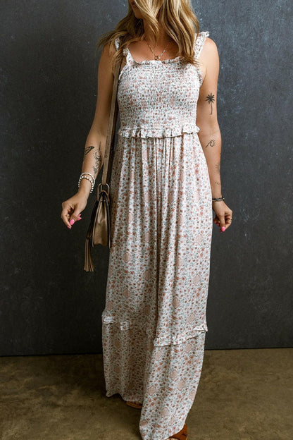 Ruffled Smocked Printed Sleeveless Maxi Dress.