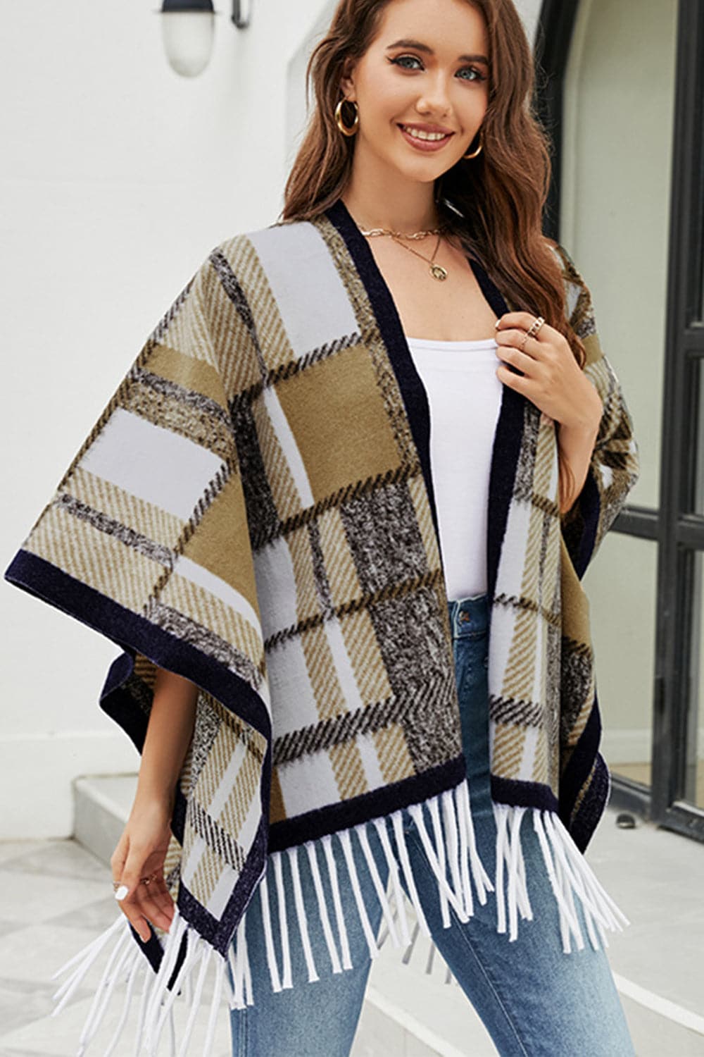 Cloak Sleeve Fringe Detail Poncho.