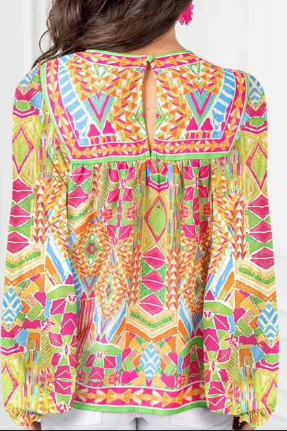 Chic geometric print long sleeve blouse with round neckline