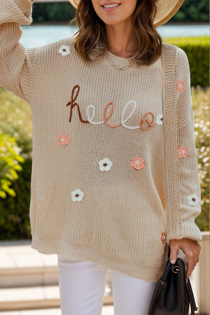 Floral print round neck long sleeve pullover sweater