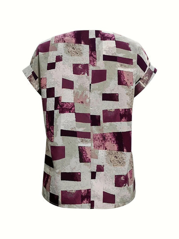 Printed Notched Short Sleeve Blouse.