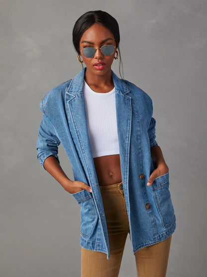 Collared Neck Long Sleeve Denim Jacket.