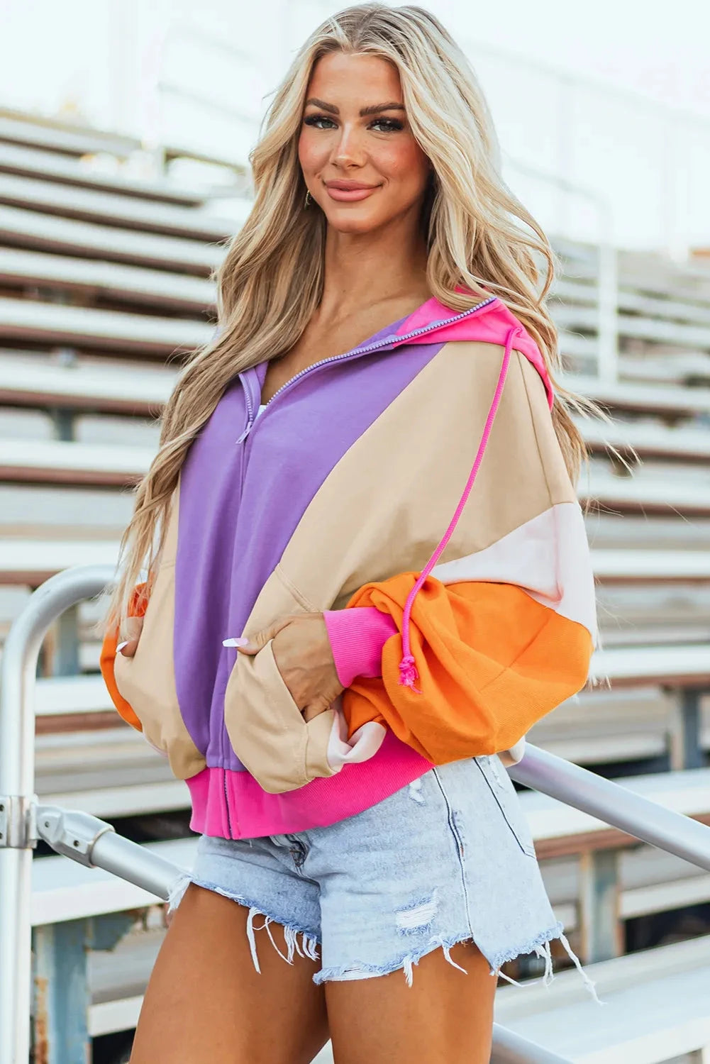 Drawstring Color Block Zip Up Long Sleeve Hoodie Coco’s Tee Boutique