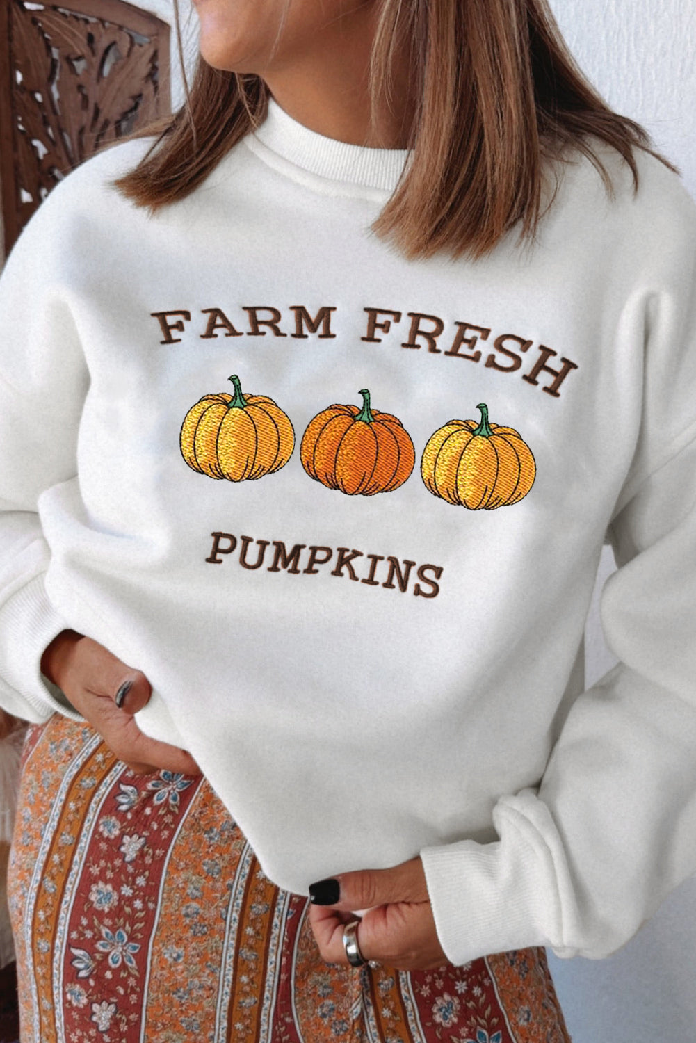 Premium White Farm Fresh Pumpkins Embroidered Holiday Sweatshirt