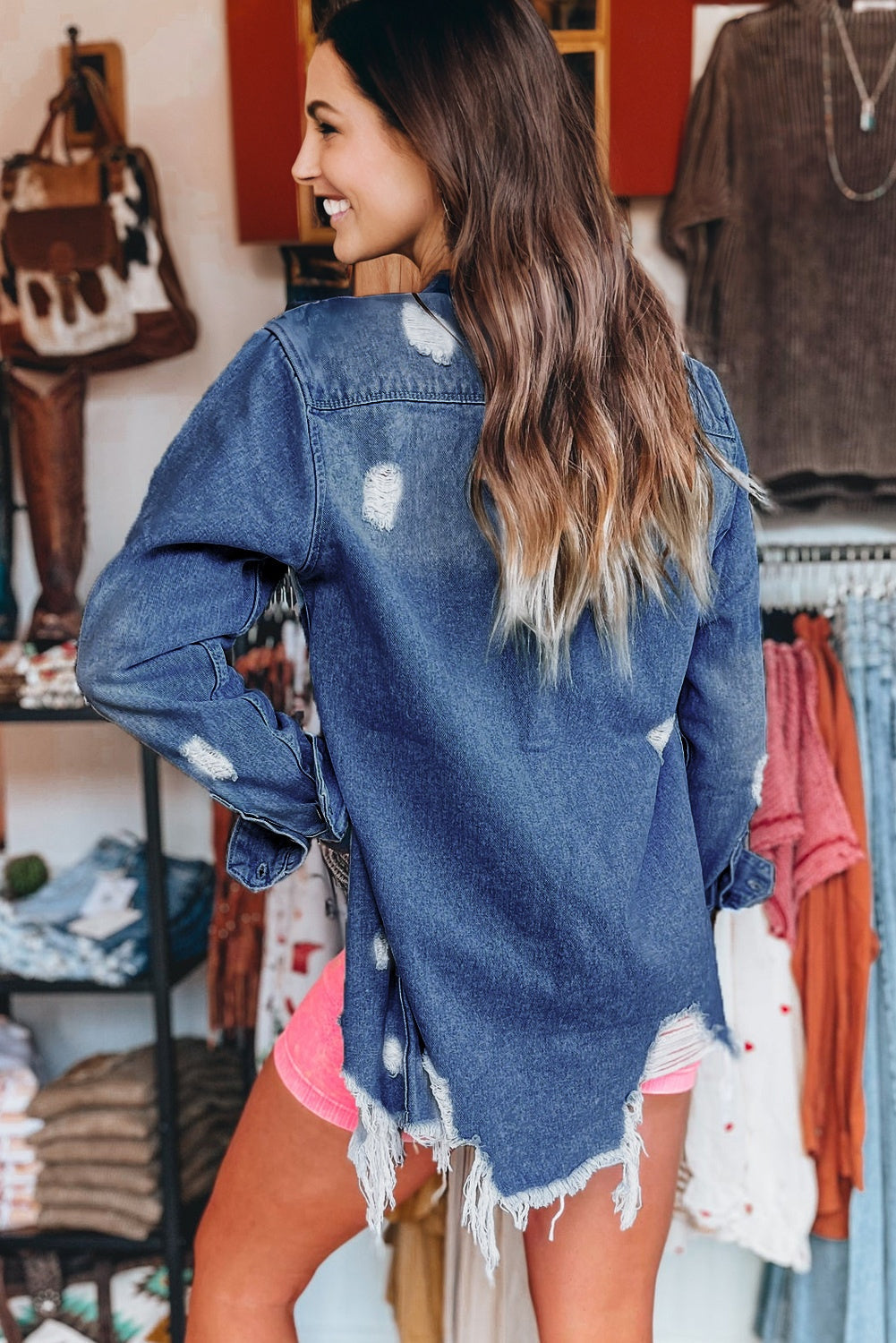 Sky Blue Light Wash Distressed Frayed Long Denim Jacket Love Salve