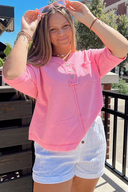 Chic pink plus size waffle knit henley with exposed seams