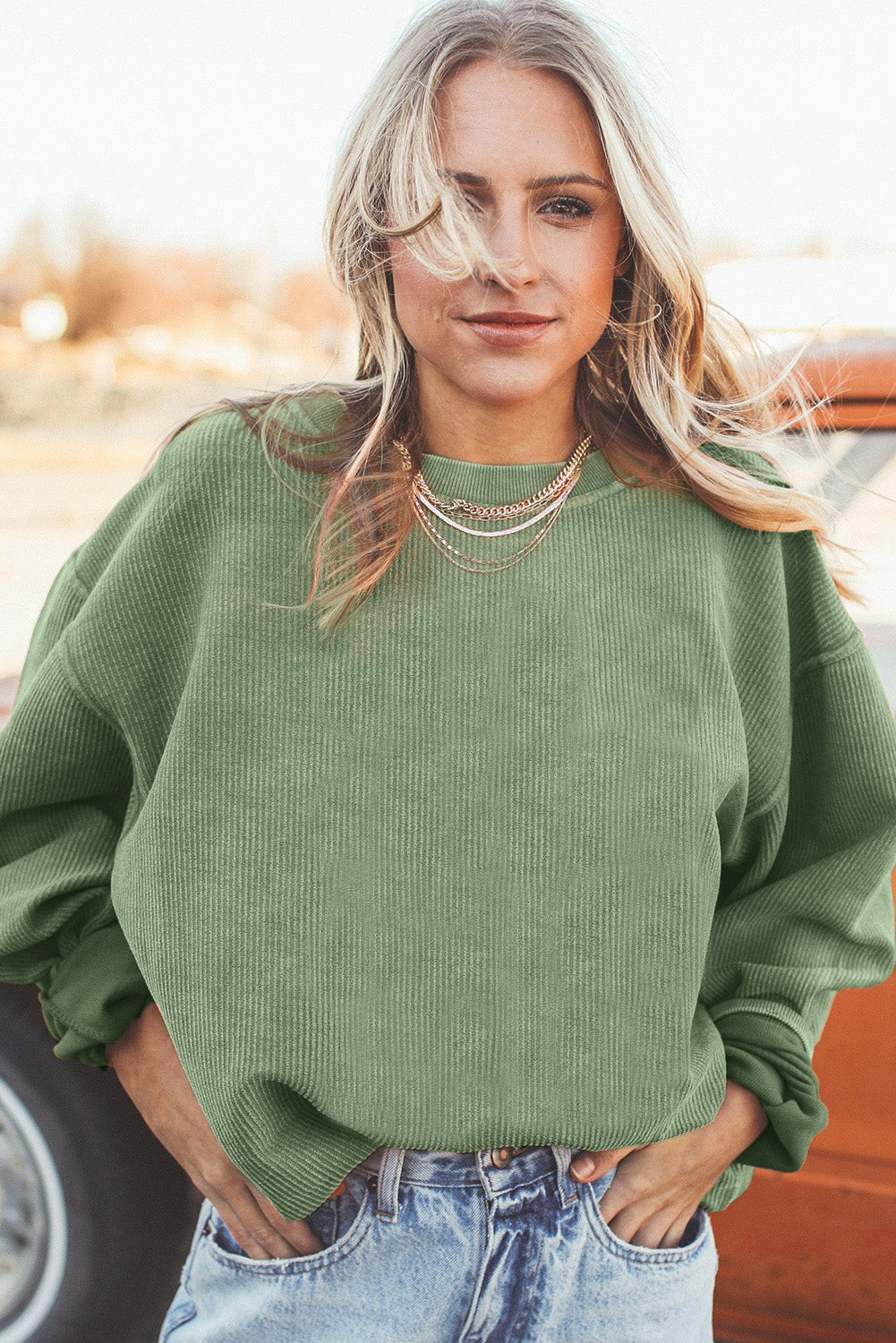 Grass Green Ribbed Corduroy Oversized Sweatshirt