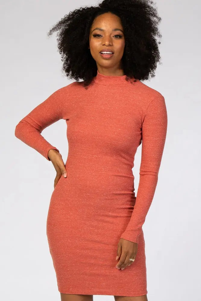 Rust Ribbed Mock Neck Fitted Dress PinkBlush