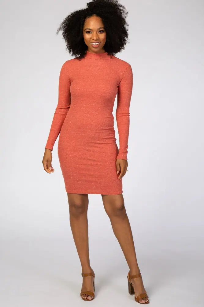 Rust Ribbed Mock Neck Fitted Dress PinkBlush