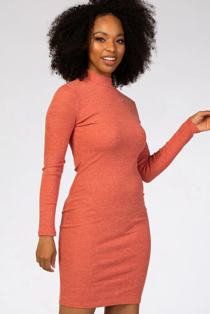 Rust Ribbed Mock Neck Fitted Dress PinkBlush