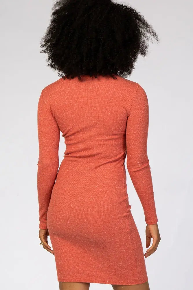 Rust Ribbed Mock Neck Fitted Dress PinkBlush
