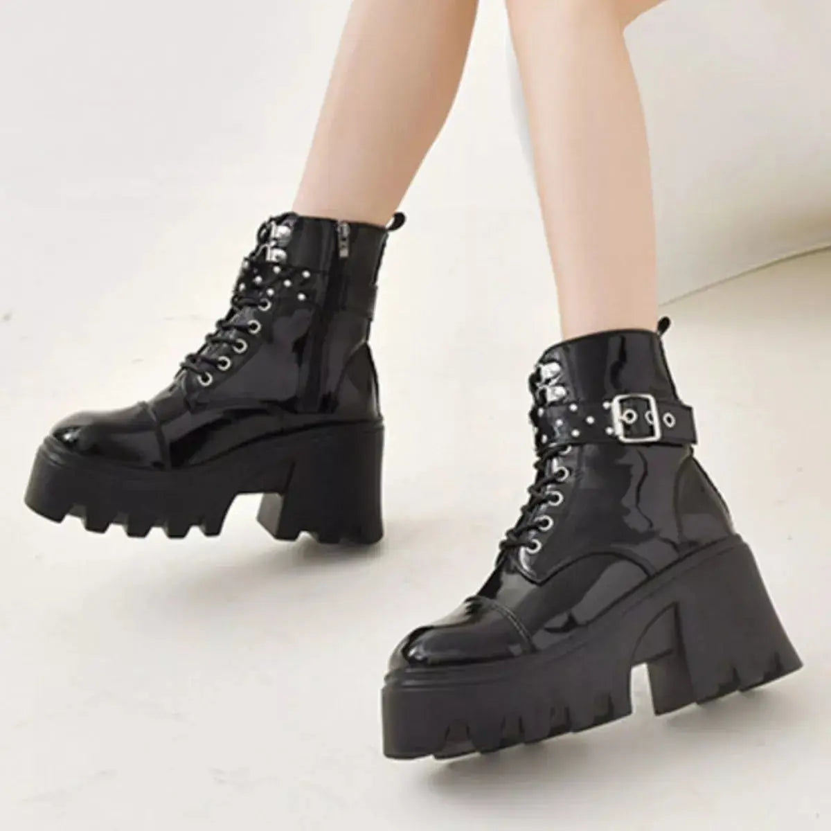 Platform Ankle Boots with Buckle and Studded Detail Simply Love