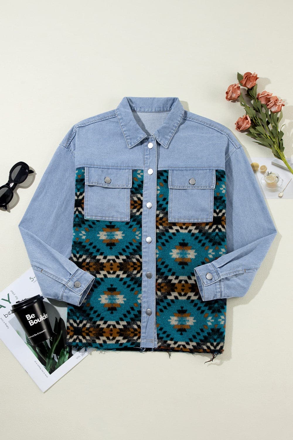 Pocketed Button Up Long Sleeve Denim Jacket.