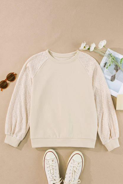 Chic parchment eyelet knit patchwork pullover with raglan sleeves