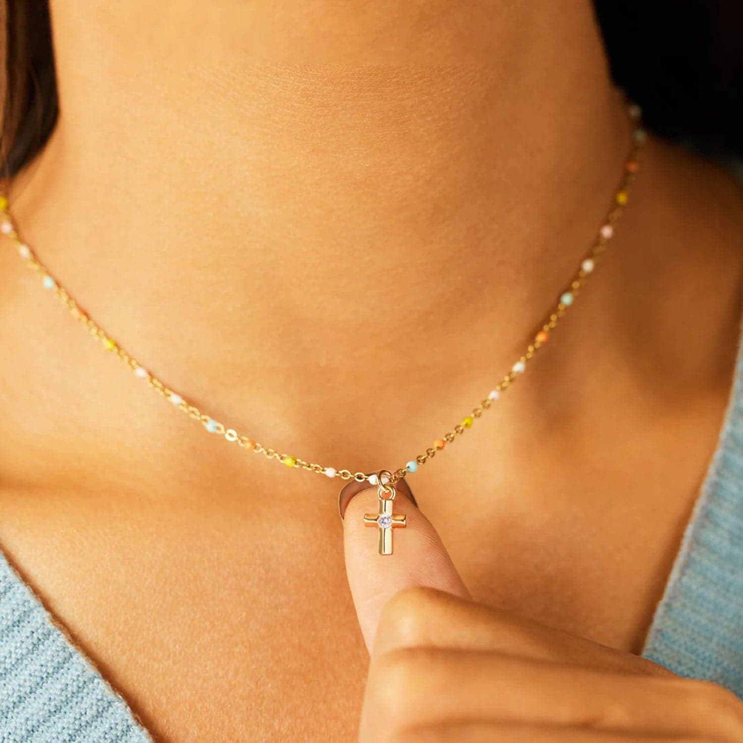 Inlaid Zircon 18K Gold-Plated Cross Bead Necklace.