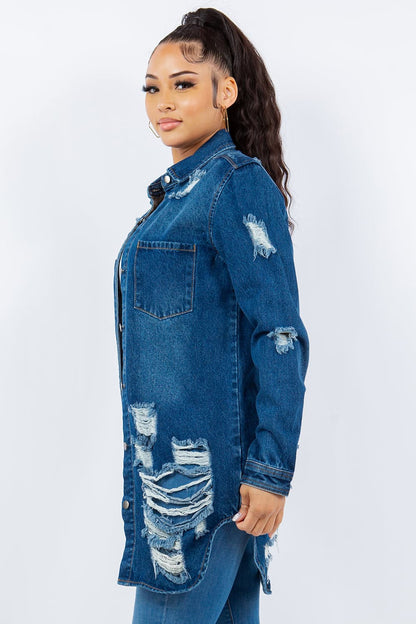 Distressed denim jacket with button-up front and long sleeves