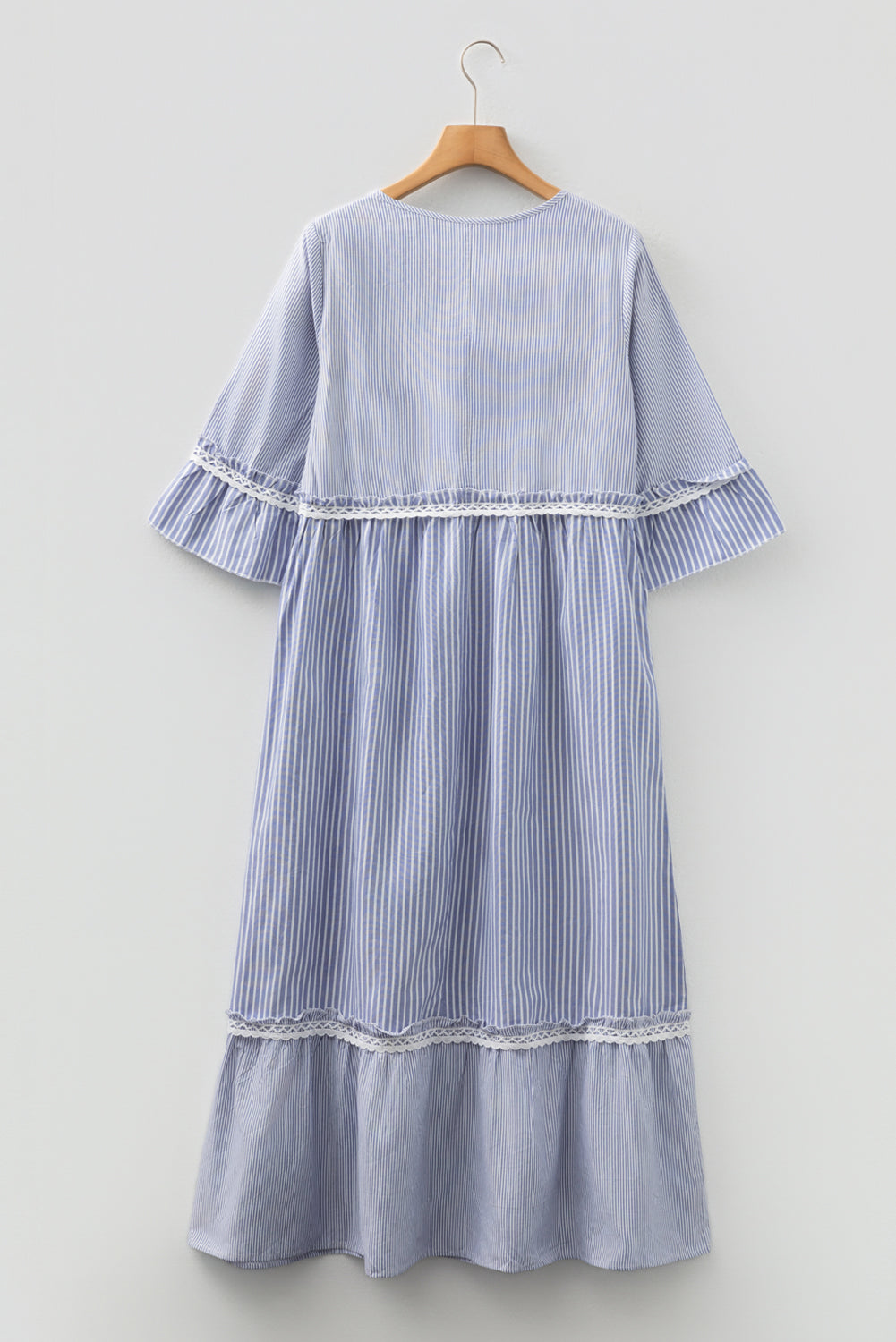 Premium Sky Blue Stripe Patchwork Lace Maxi Dress Bracelet Sleeve