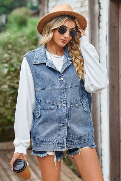 Sleeveless Denim Top with A Detachable Hood.