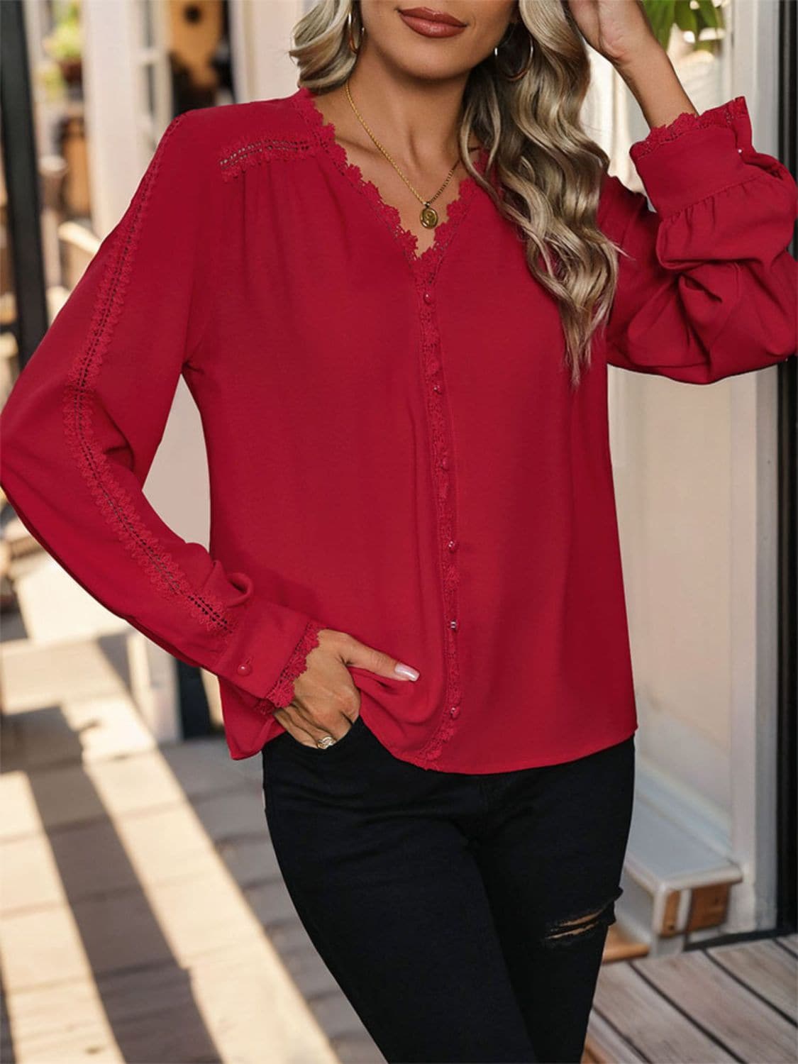 Lace Detail V-Neck Long Sleeve Blouse.