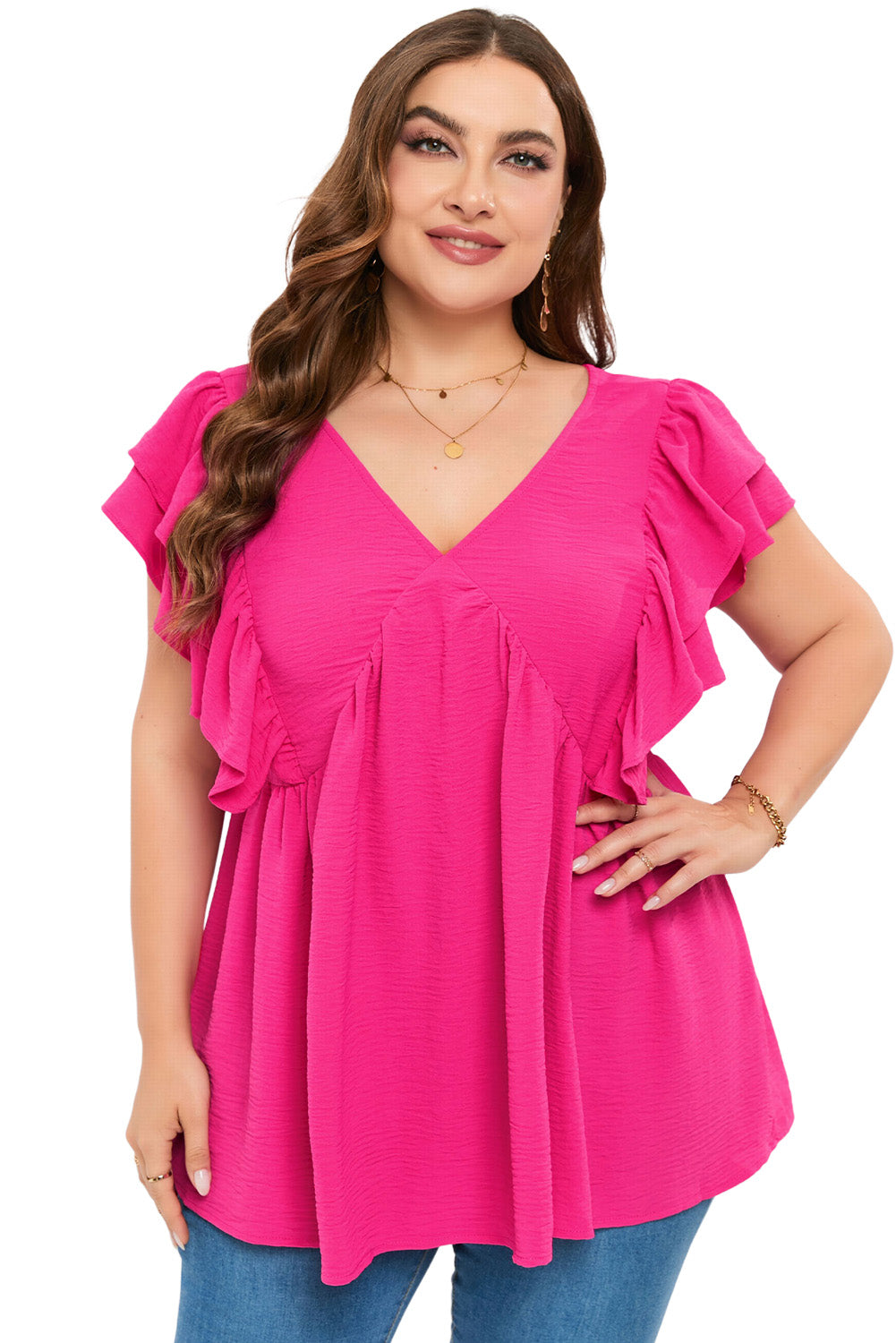 Chic plus size ruffle v-neck tunic with tie-back detail