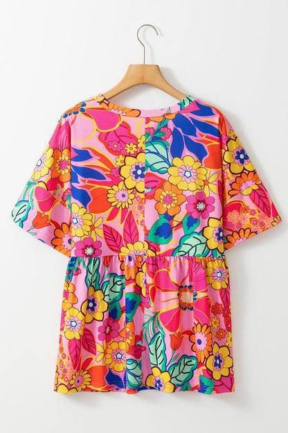 Plus Size Printed Round Neck Short Sleeve Top.