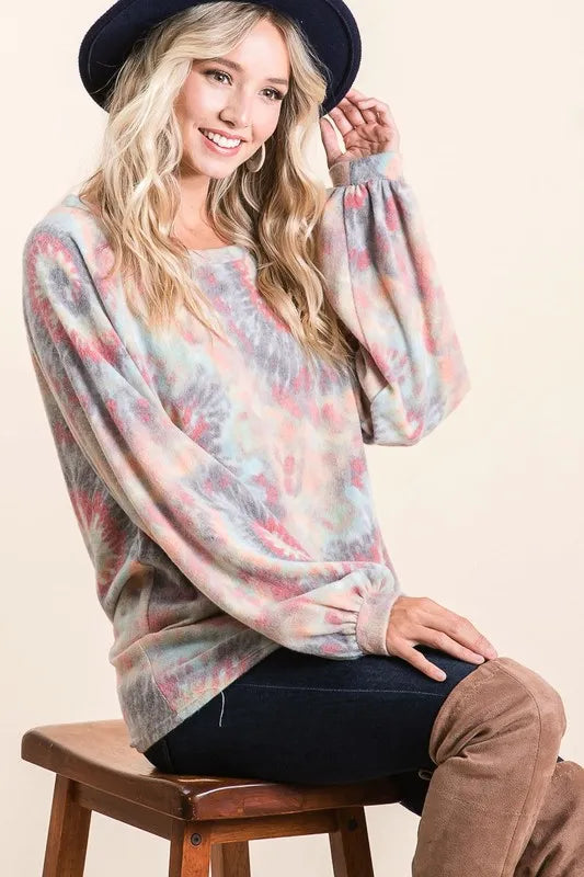 BiBi Brushed Tie Dye Print Top with Puff Sleeves - Love Salve 