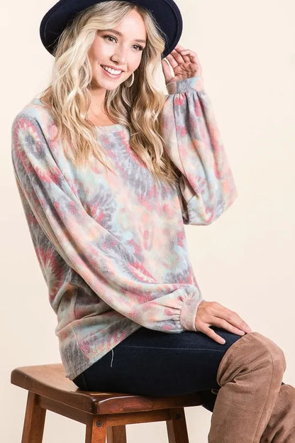 BiBi Brushed Tie Dye Print Top with Puff Sleeves - Love Salve 