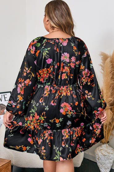 Black Plus Size Floral Print Tie Neck Cinched Waist Dress