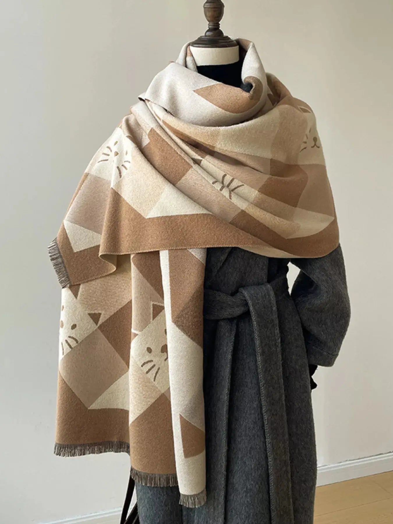 Cute Cat Pattern Plaid Raw Hem Scarf Simply Love