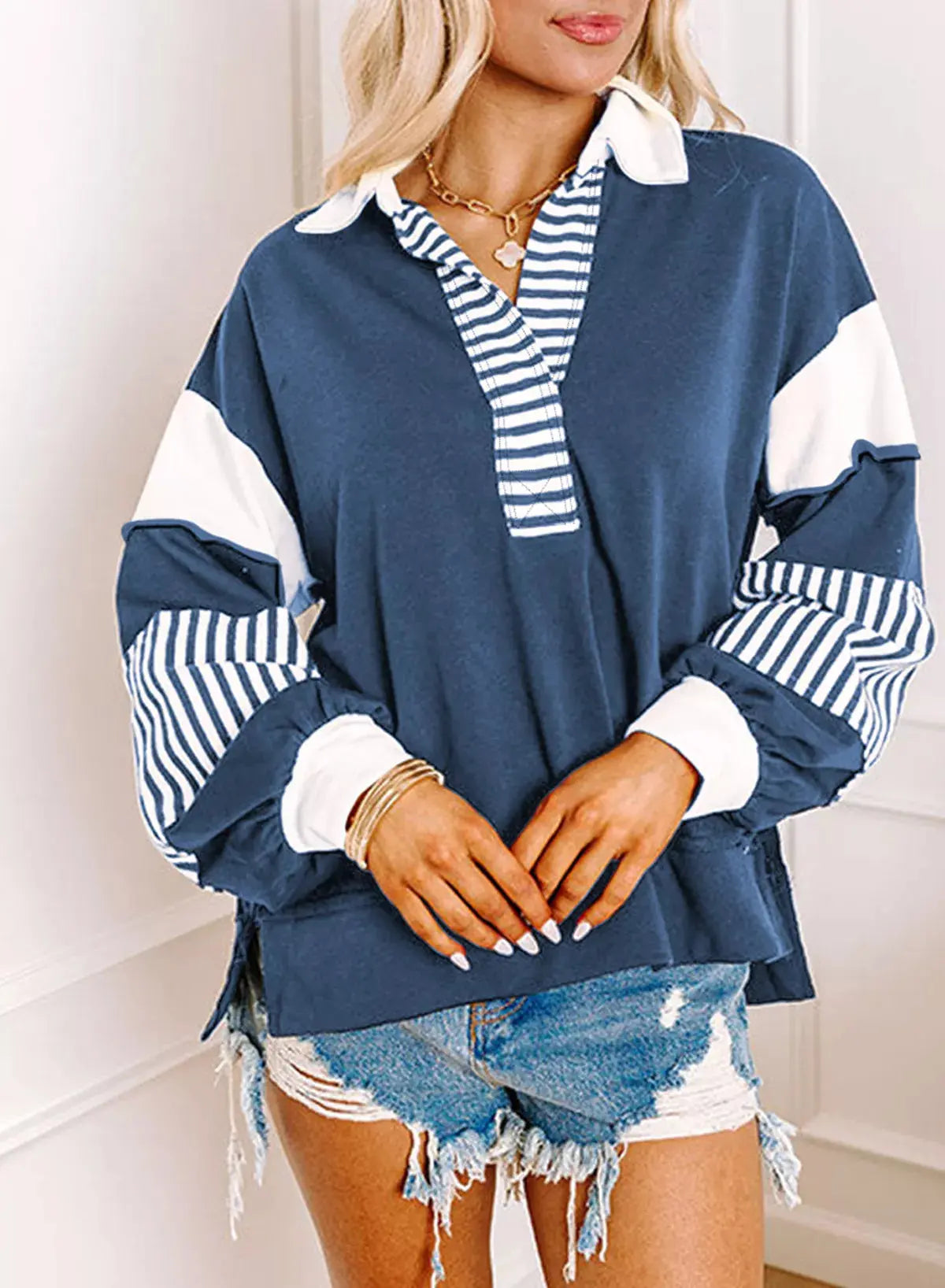 Color Block Striped Johnny Collar Sweatshirt Simply Love