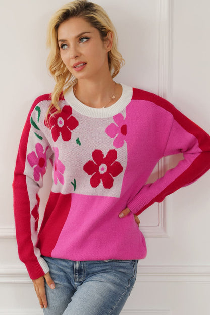 Floral Round Neck Dropped Shoulder Sweater.