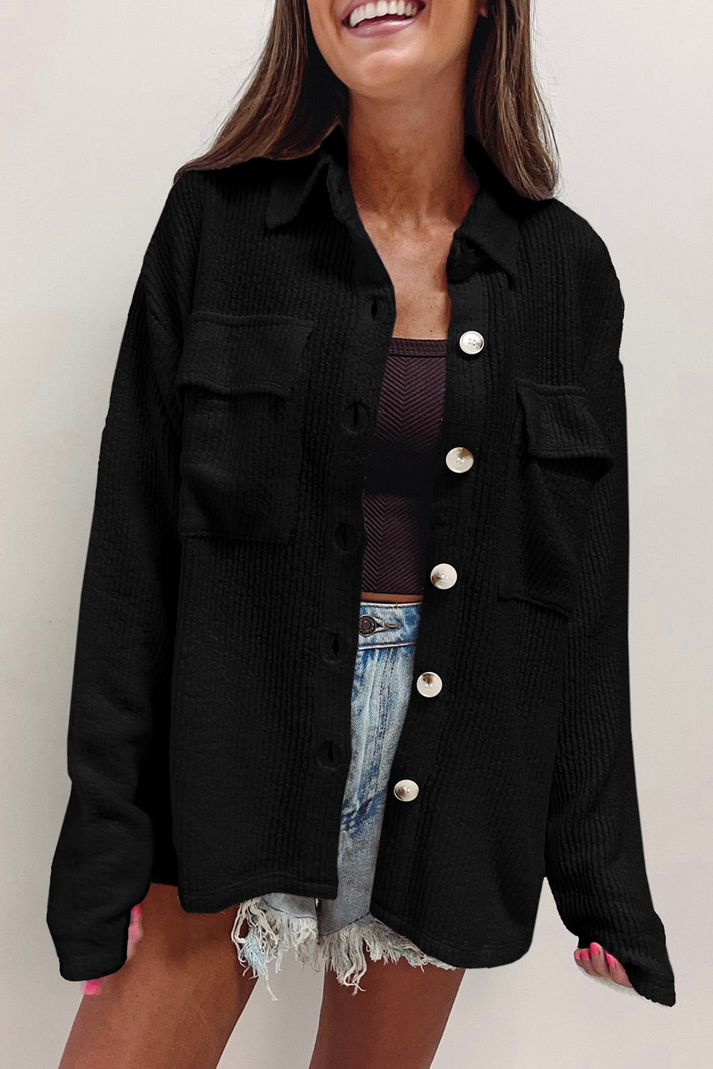 Chic black corduroy shacket with pockets