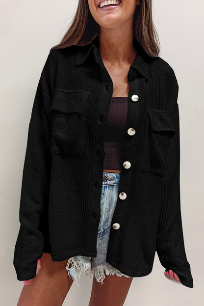 Chic black corduroy long sleeve shacket with button closure and pockets