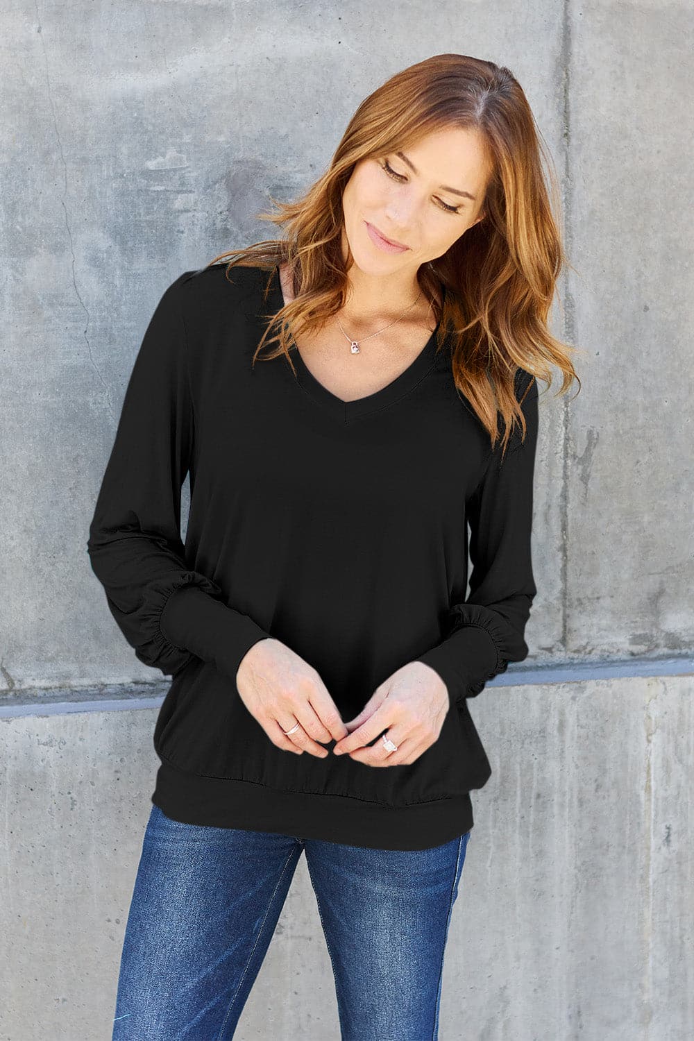 Basic Bae Full Size V-Neck Lantern Sleeve Top.