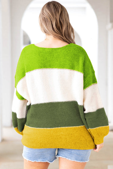 Chic green plus size patchwork sweater with color block design