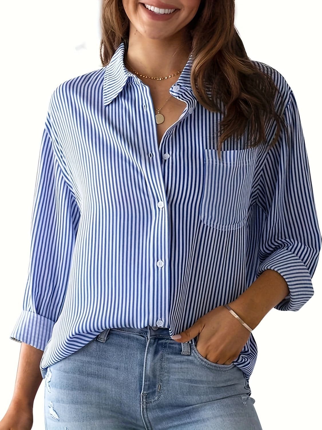 Striped Collared Neck Long Sleeve Shirt.