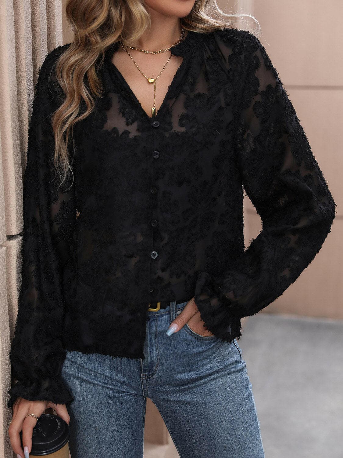 Lace Button Front Long Sleeve Top.