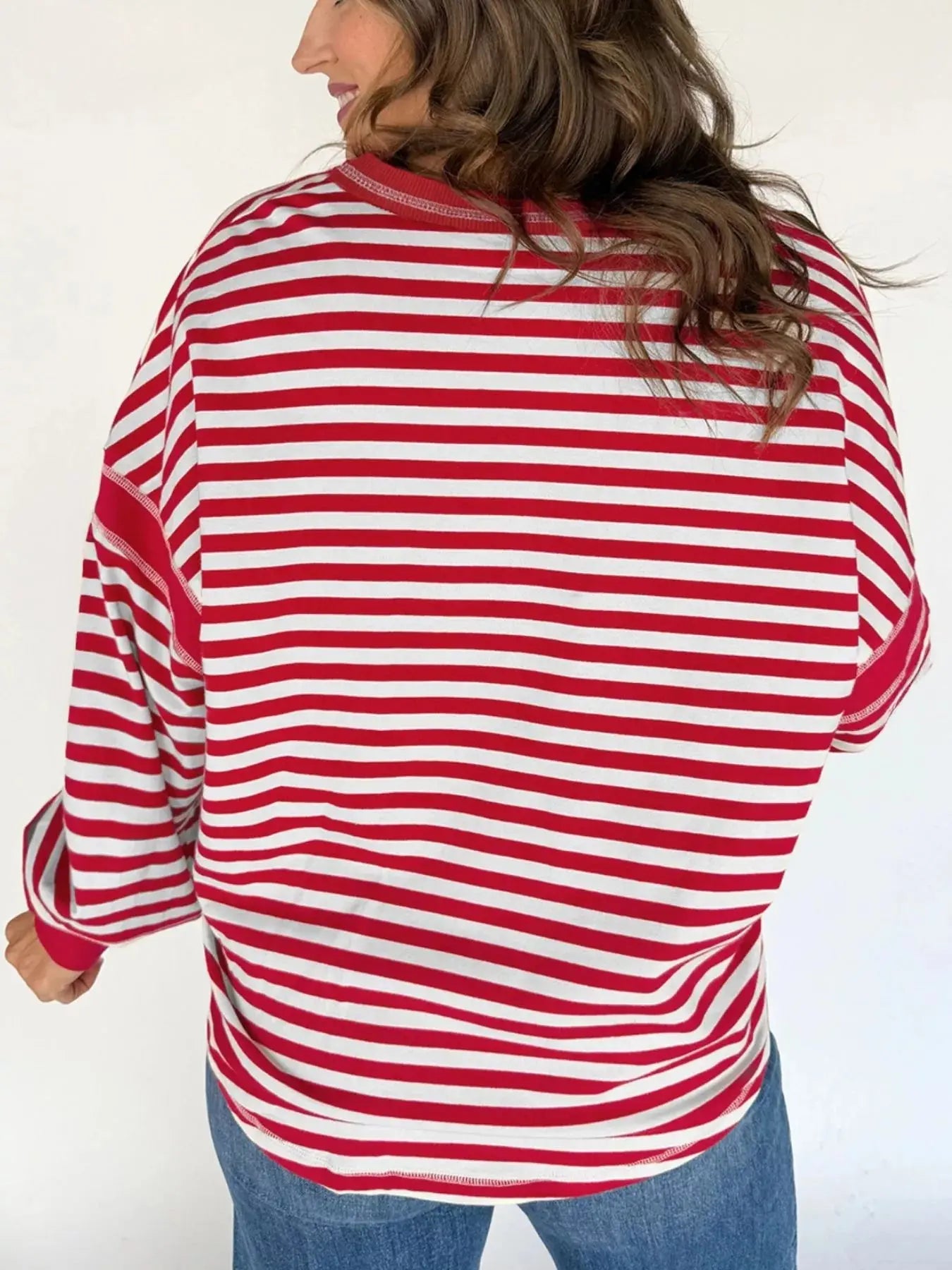 Striped V Neck Long Sleeve Sweatshirt Cotton Elastane Blend For Women Casual Top Simply Love