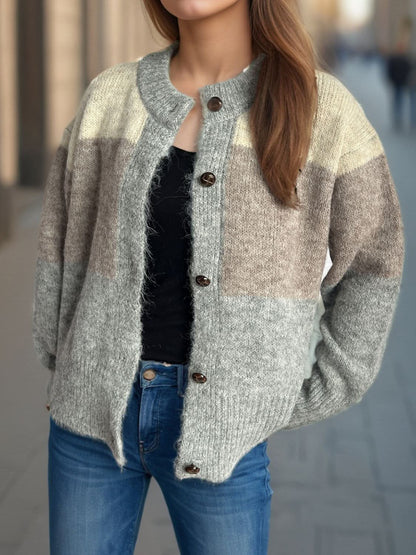 Color Block Round Neck Button Up Cardigan