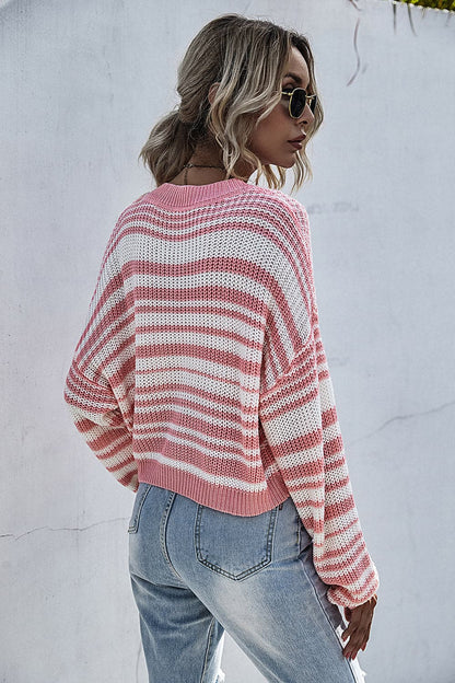 Striped Round Neck Dropped Shoulder Sweater.