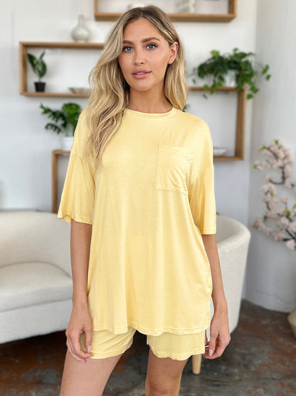 Basic Bae Bamboo Full Size Round Neck Drop Shoulder T-Shirt and Shorts Set.