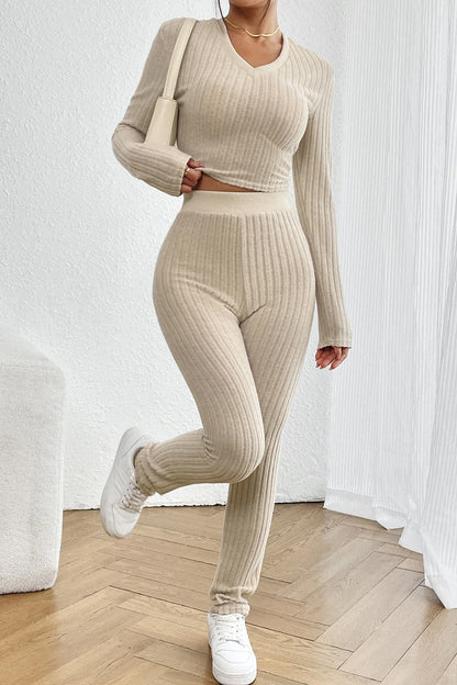 Ribbed V-Neck Long Sleeve Cropped Top and Pants Set.