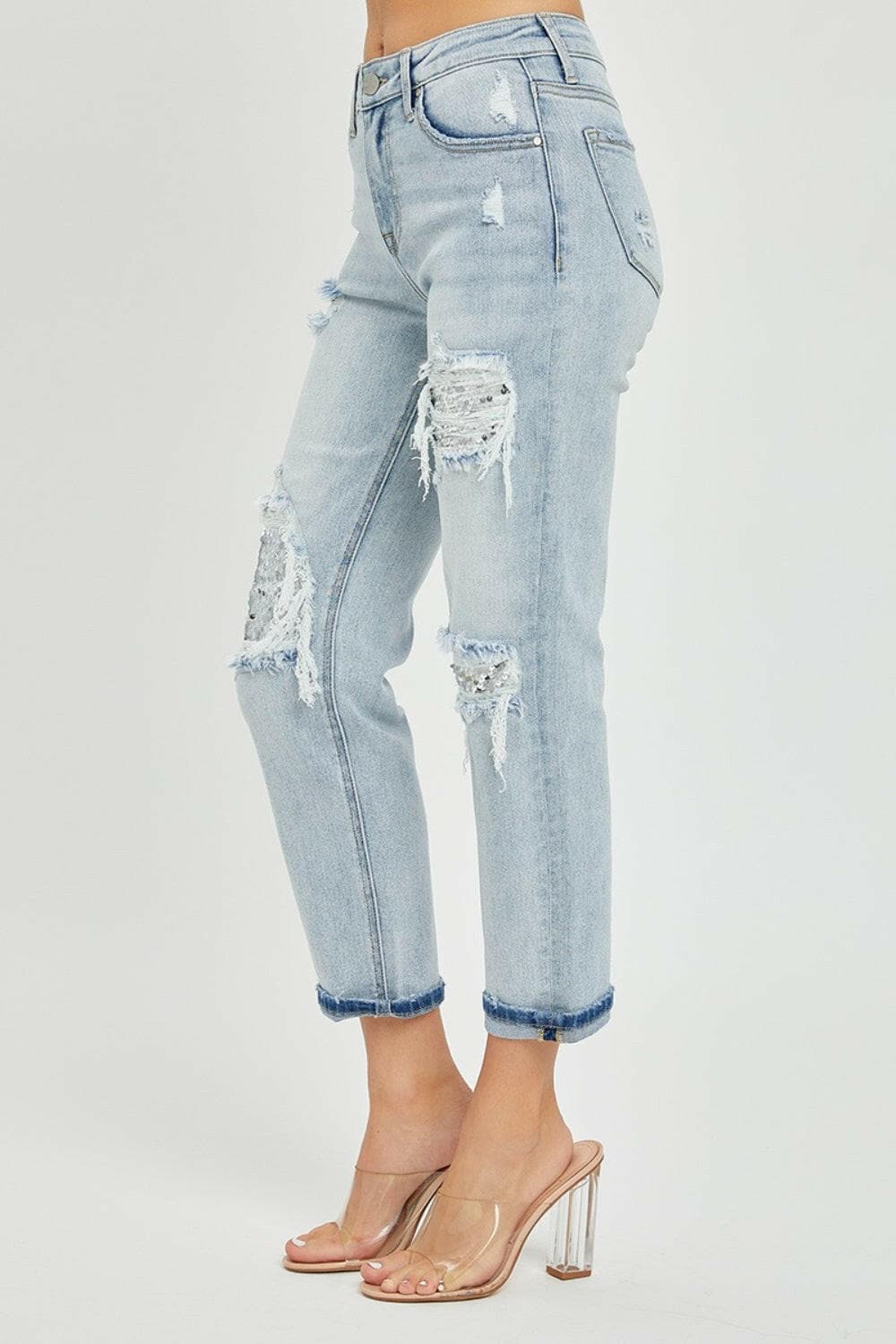 RISEN Mid-Rise Sequin Patched Jeans.