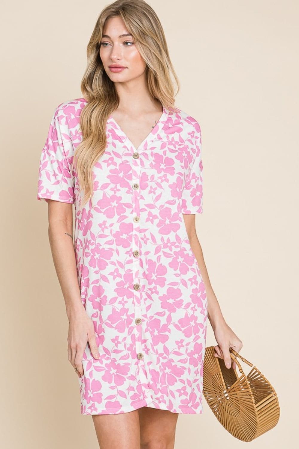 BOMBOM Floral Button Down Mini Dress.