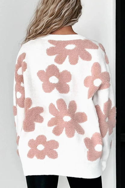 Flower Round Neck Long Sleeve Knit Top.