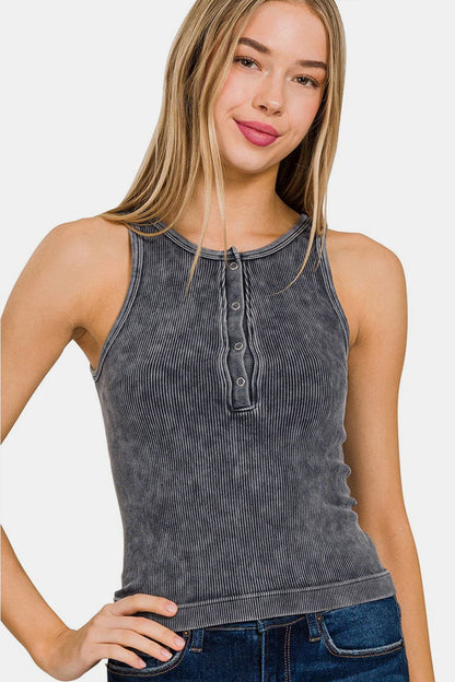 Zenana Washed Ribbed Half Snap Seamless Tank.